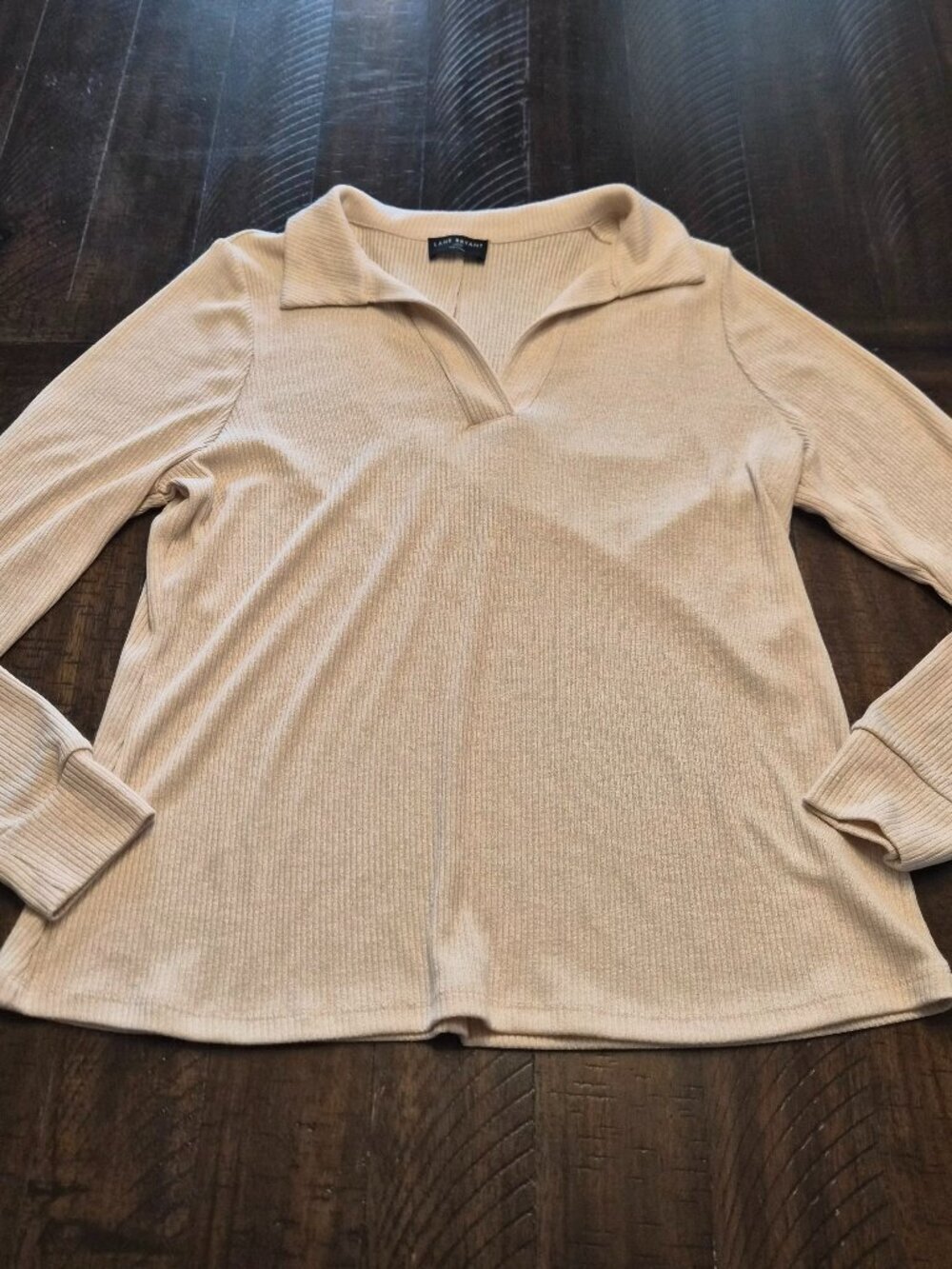 Lane Bryant Womens Long Sleeve Blouse Size 14/16 Cream Ribbed Collared G106
